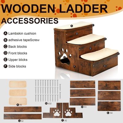 OEM 3 camadas de madeira escadas de cão degraus antiderrapante escadas de cachorro com armazenamento lavável tapete