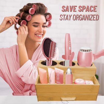 Maximize o espaço do seu balcão com este organizador de produtos de cabelo acrílico para banheiro