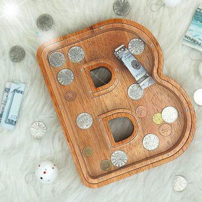 Carta de madeira do alfabeto acrílico caixa de dinheiro impressão queimado letra grande porquinhos bancos para crianças