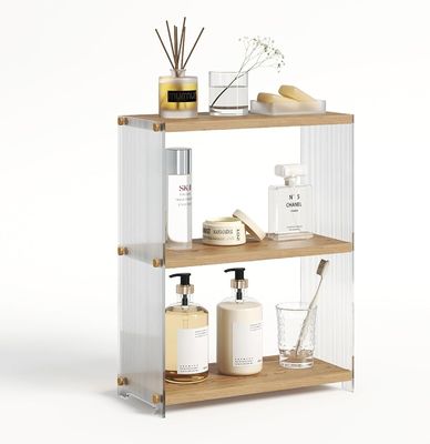 Metal e madeira 3 camadas Standing Vanity Shelf Countertop Armazenamento de banheiro para quarto