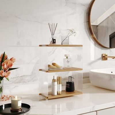 Metal e madeira 3 camadas Standing Vanity Shelf Countertop Armazenamento de banheiro para quarto