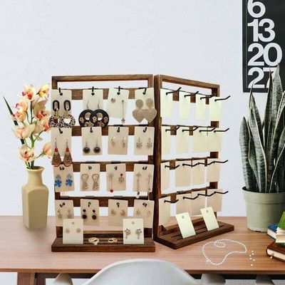 Home Tema Joalheria dobrável de madeira Stand de exibição com 32 ganchos removíveis e bandeja de anel