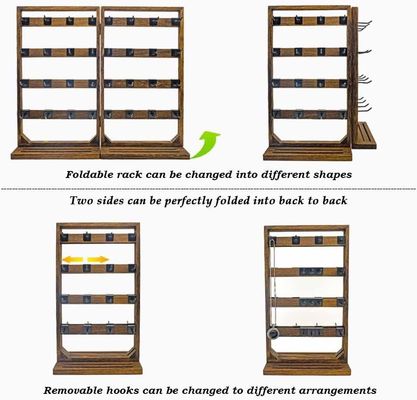 Home Tema Joalheria dobrável de madeira Stand de exibição com 32 ganchos removíveis e bandeja de anel