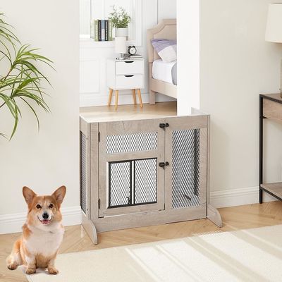 Porta de cachorro de madeira de alta quantidade com malha de porta de gato e logotipo personalizado