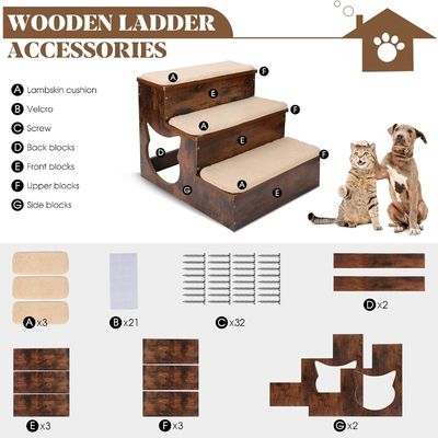 3 camadas de madeira escadas de cães de madeira maciça degraus de animais de estimação com almofadas antiderrapante e tapete lavável