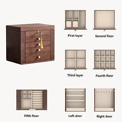 Caixa tradicional de jóias de madeira com 5 gavetas e duas portas laterais em nozes polidas