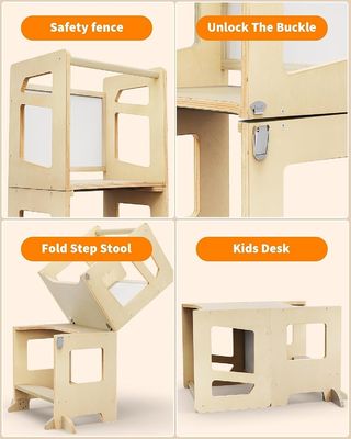 Madeira 3 Alturas Ajustável Assistente de banquinho de cozinha para crianças com trilho de segurança Unisex