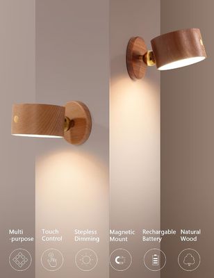 Lâmpadas de parede LED 360 Rotation Dimming Rechargeable Cordless Battery Operated Sconce de madeira