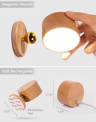 Lâmpadas de parede LED 360 Rotation Dimming Rechargeable Cordless Battery Operated Sconce de madeira
