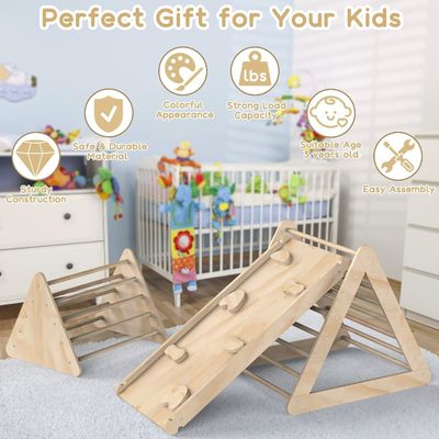 Escada triangular de madeira de escalada unisex com rampa e acabamento manchado para crianças pequenas