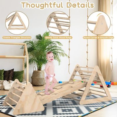 Escada triangular de madeira de escalada unisex com rampa e acabamento manchado para crianças pequenas