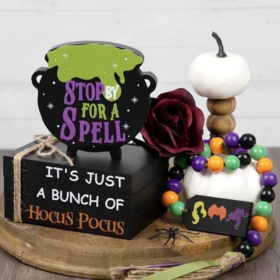 Decorações de Halloween ecológicas Crianças Hocus Pocus Decoração de bandeja em camadas Conjunto de 3 madeiras