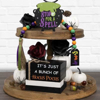 Decorações de Halloween ecológicas Crianças Hocus Pocus Decoração de bandeja em camadas Conjunto de 3 madeiras