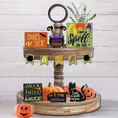 Decorações de Halloween ecológicas Crianças Hocus Pocus Decoração de bandeja em camadas Conjunto de 3 madeiras