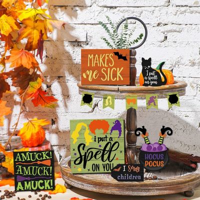 Decorações de Halloween ecológicas Crianças Hocus Pocus Decoração de bandeja em camadas Conjunto de 3 madeiras