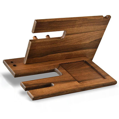 Fabricado à mão em madeira de noz natural Estação de acoplagem de telefone Ganchos de chave Porta-moeda Stand de relógio Organizador