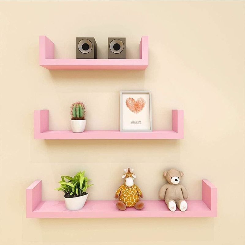 Prateleiras de parede rosa de madeira pintada em forma de U ajustáveis Set de 3 para banheiro sala de estar