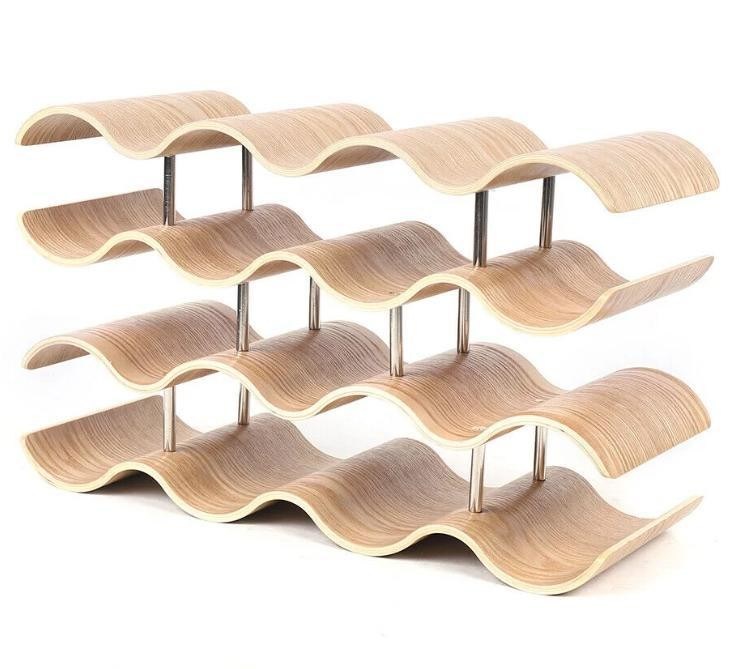 4 camadas de prateleira de madeira maciça personalizada para fácil instalação de armazenamento de garrafas de vinho de onda de madeira