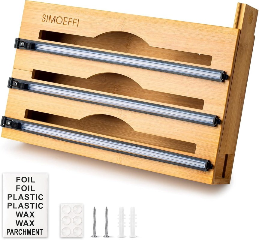 Slide Cutter Kitchen Drawer Organizer Bambú 3 em 1 Folha e plástico Dispensador Cling Wrap
