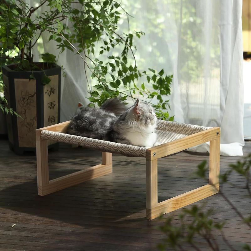 Embalagem de correio Y Maca de gato de madeira 21 x 16,5 polegadas Móveis elevados para animais de estimação Cor de madeira