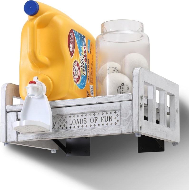 Transforme a sua lavanderia com este porta e prateleira de detergente de madeira montada na parede