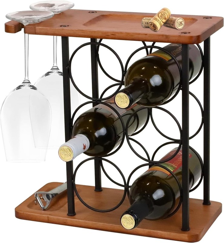 Estante de vinho de mesa de madeira em relevo com bandeja feita à mão contém 6 garrafas e 2 copos