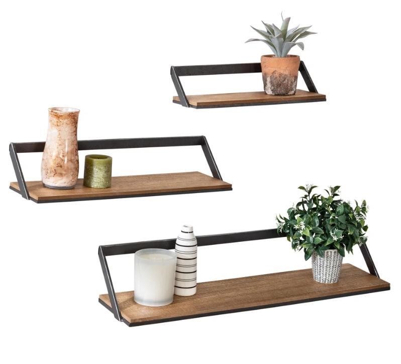 Logotipo personalizado Decoração de casa Conjunto de 3 prateleiras de parede de madeira preta / natural Prateleiras de exibição pendurada