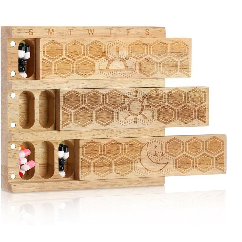 Compacto de madeira Organizador de pílulas semanais Portador Dispensador diário Dispensador de pílulas Dispensador de pílulas
