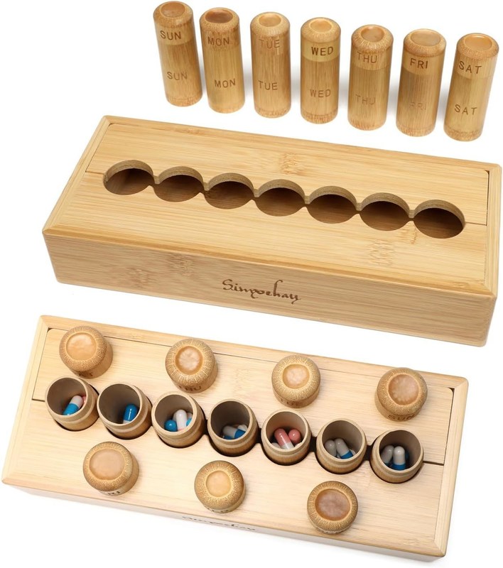Caixa de pílulas de design ecológico para vitaminas pílulas e suplementos em caixa de bambu