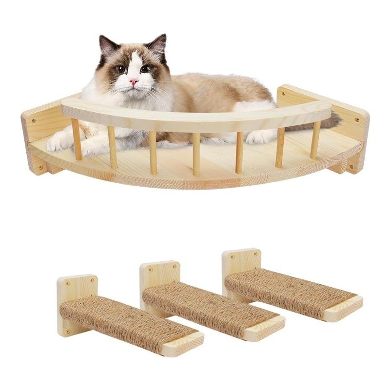 Mancha de cor Montado na parede Prateleiras e perchas de gato Design de madeira sustentável Montado na parede