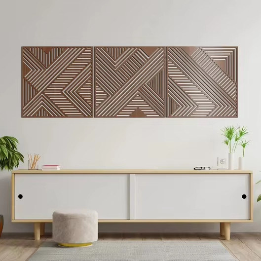 Painel de linhas geométricas decorativas de madeira Conjunto de 3 artes murais para sala de estar e berçário