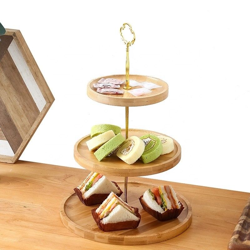 Dimensão personalizada 3 camadas Stand de bolinhos de bambu para festas Frutas lanches Serviço de bandeja OEM ODM