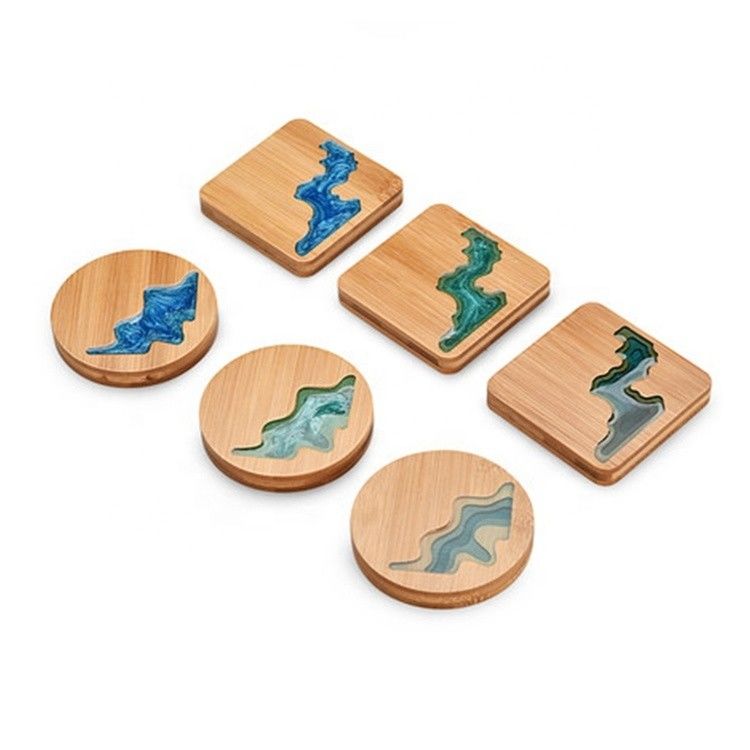10Cm Live Edge Bambu Quadrado Resina Madeira Epoxi Madeira Coaster Resina Rio Azul Esmeralda