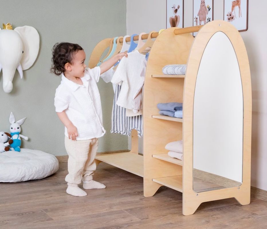 Casa Móveis Montessori Crianças Prateleira de roupas Guarda-roupa com espelho e grande quantidade