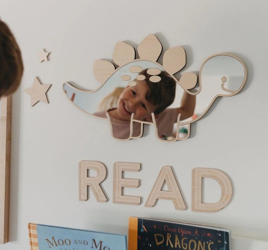 Logotipo personalizado Espelho em forma de quadro de dinossauro de madeira com quadro de madeira e madeira