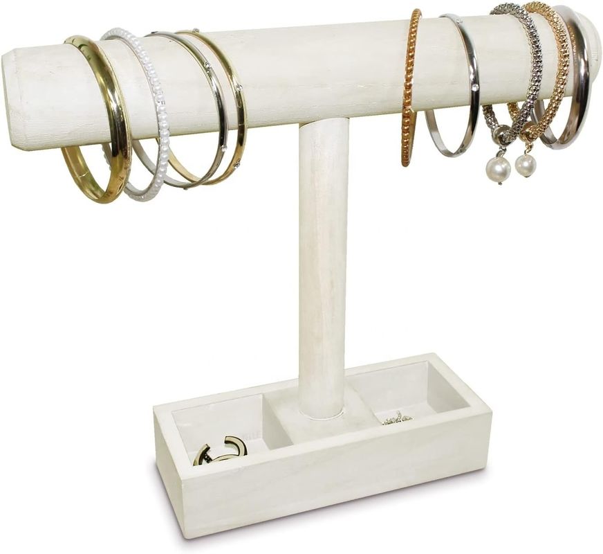 Sala de estar Custom Madeira T-Bar Jewelry display Stand com 2 compartimentos de armazenamento bandeja