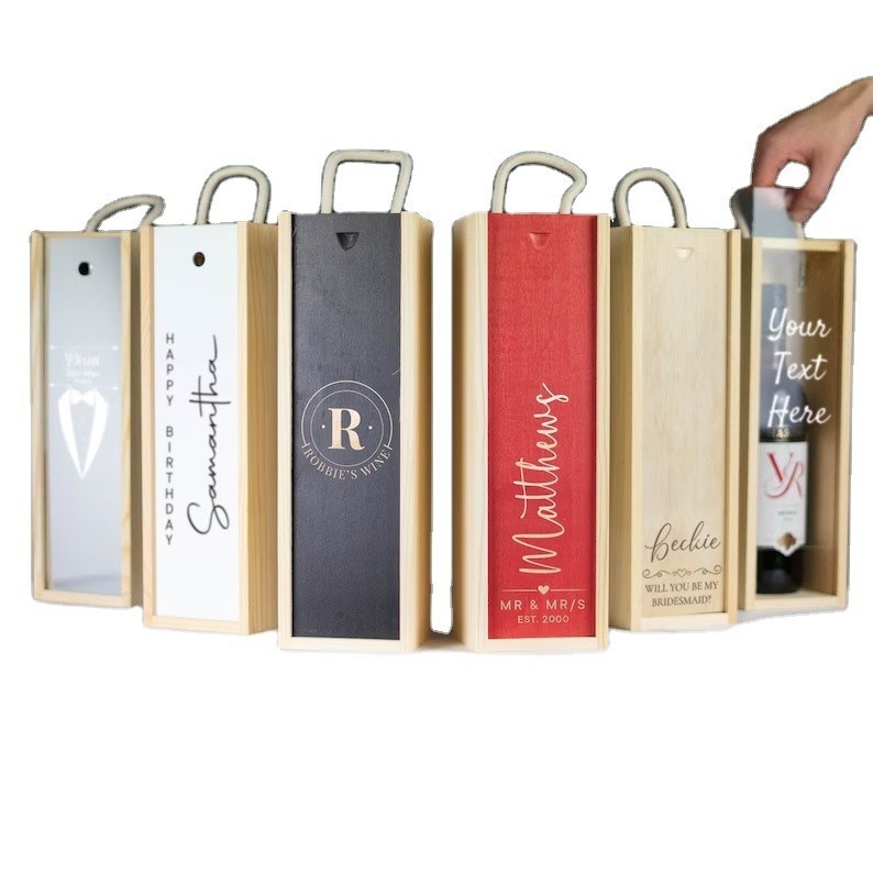 Encomenda personalizada aceita Caixa de vinho de madeira gravada a laser com inserções acrílicas e tampa deslizante