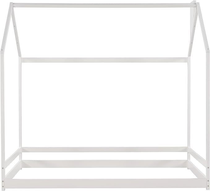 Mobiliário de quarto de crianças Cama de chão de tamanho duplo com design de casa de madeira e moldura de dossel