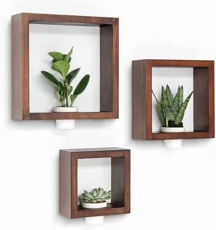 3pcs Solid Pine Wood Wall Shelf Conjunto com Plantadores de Cerâmica Branca Decoração de Escritório em Casa feita à mão