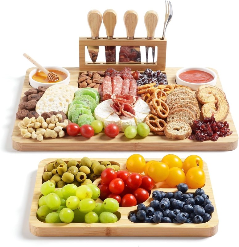 Tabuleiro de queijo de bambu e conjunto de facas para corte de cozinha