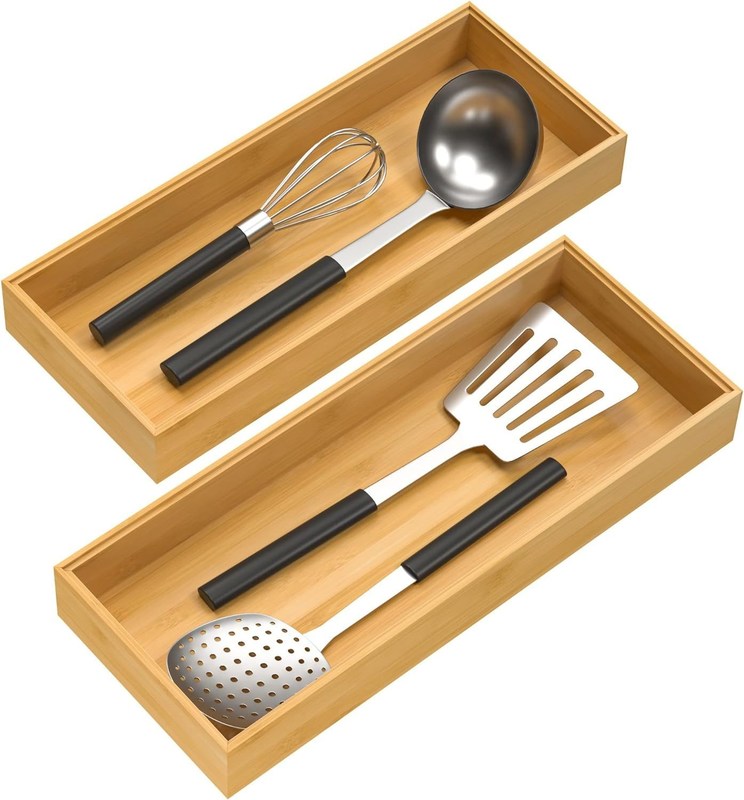 Conjunto de 2 organizadores de gavetas de bambu para cozinha 15" x 6" x 2"
