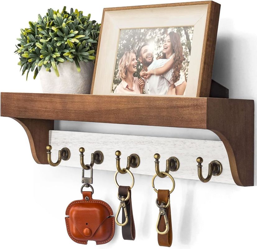 Base de madeira 2 cores porta-chaves com 5 teclas retrô Ganchos para decoração de casa rústica branco cinza