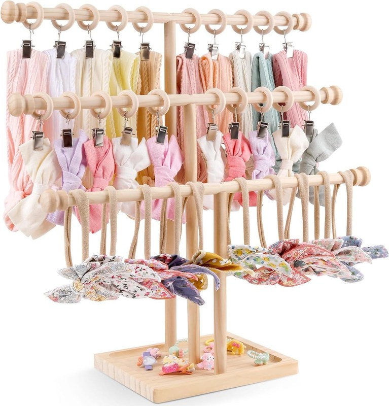 Decoração de prateleira de parede de madeira 3-Tier Baby Headband Holder Hairbands Display Stand