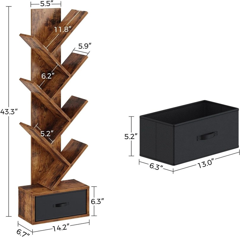Manual de 7 camadas industrial rústico Vintage Rack de armazenamento Estante de livros de árvore com prateleiras abertas