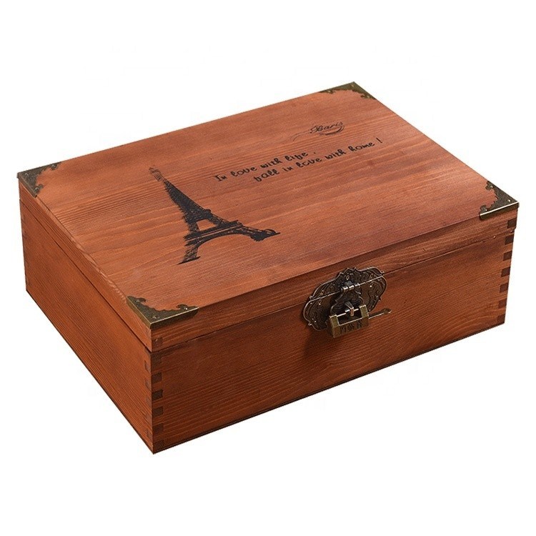 Barnizamento Manuseio Estilo Vintage Pequena caixa de fotos de casamento de madeira personalizada com fechadura
