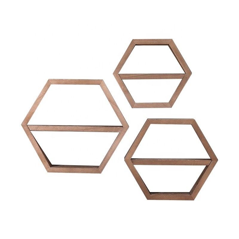 Estantes de parede de madeira de forma hexagonal geométrica para organizador de escritório de estilo moderno simples