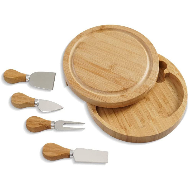 Tabuleiro de queijo de bambu com logotipo personalizado e 4 facas de corte de aço inoxidável de tamanho personalizado