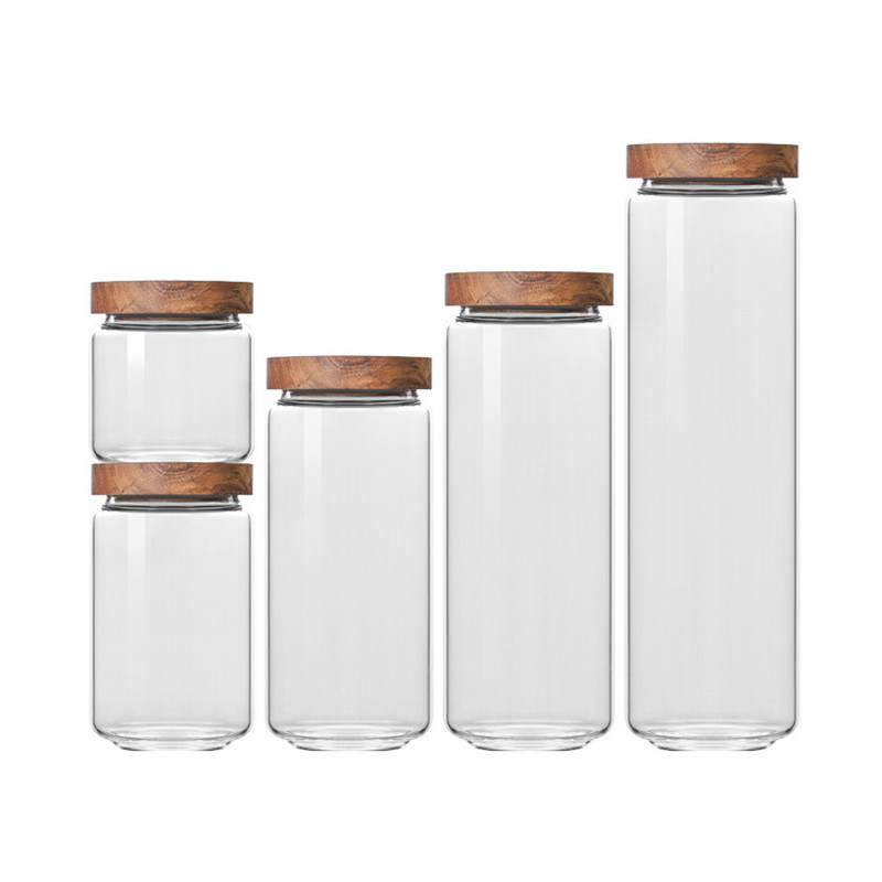 Capacidade personalizada Empilhados Selados Borosilicato redondo transparente recipientes de embalagem de vidro frasco com tampa de madeira
