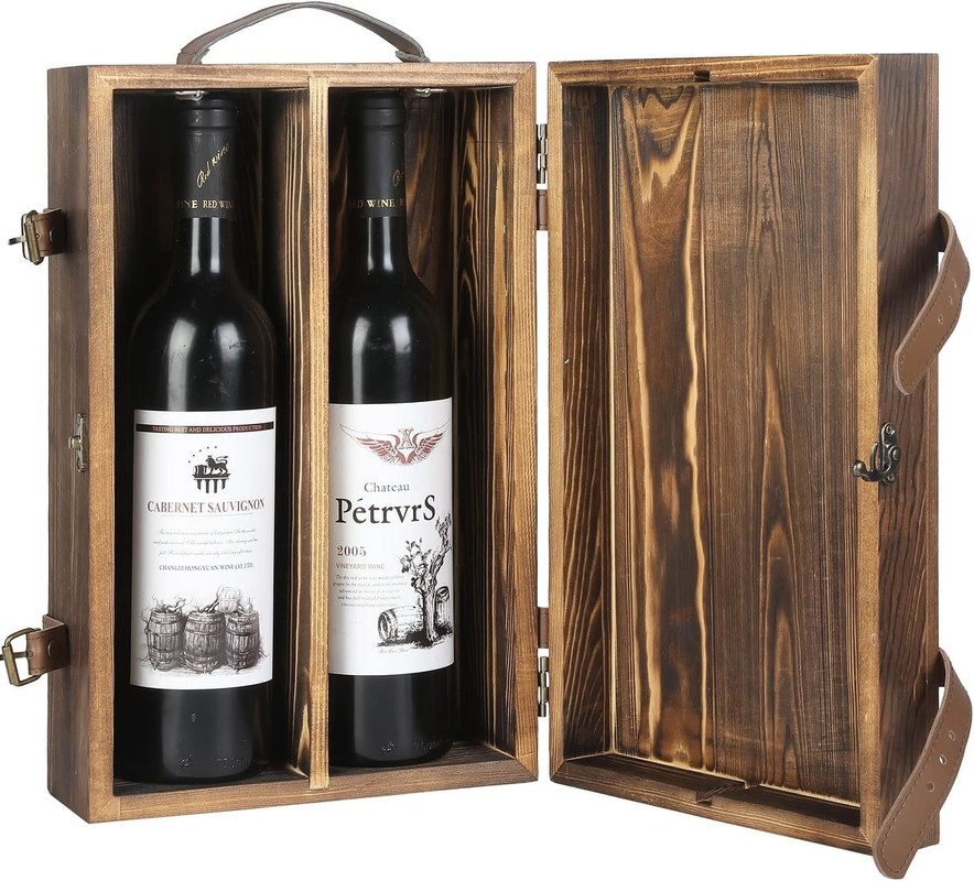 Caixa de vinho de garrafa dupla personalizada de 34x20x10cm com tampa trancada e alça de couro