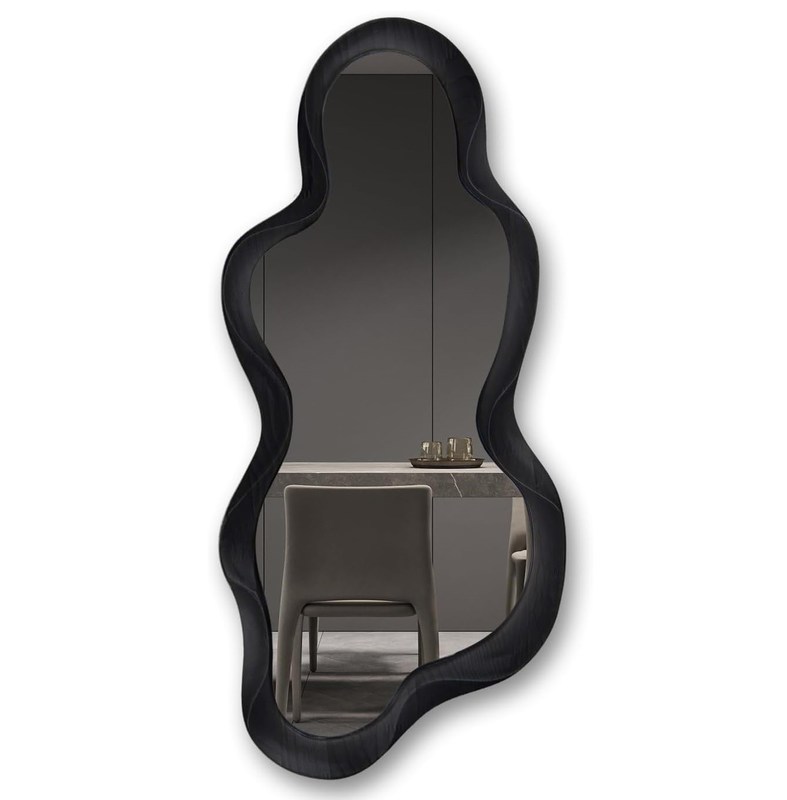 Bela decoração de casa Espelho de parede irregular com moldura de madeira preta e decoração de banheiro moderna